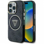 Guess IML Metal Glitter 4G Circle Triangle MagSafe dėklas, skirtas Apple iPhone 16 Pro, juodas