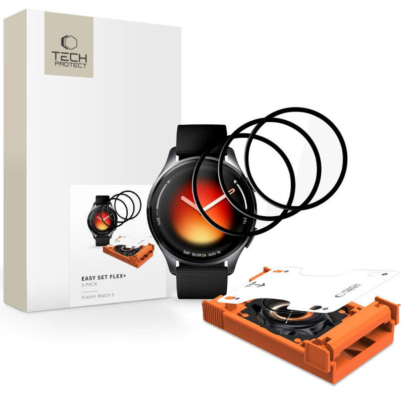Tech-Protect Easy Set Flex+ hibridinis stiklas, skirtas Xiaomi Watch 5 (3 vnt.), juodas