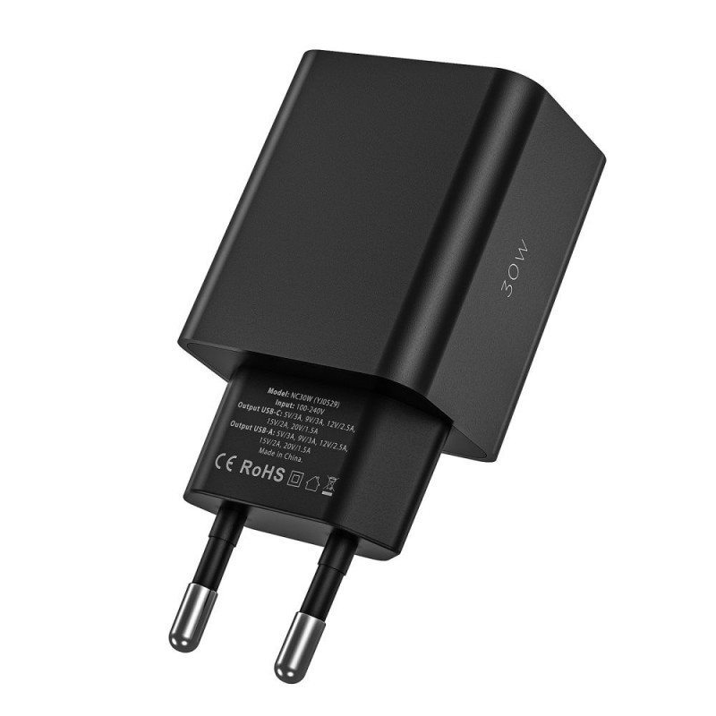 Tech-Protect NC30W sieninis įkroviklis su 2 prievadais PD 30W QC 3.0, baltas