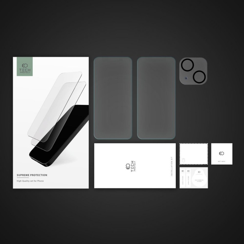 Tech-Protect Supreme Set grūdintas stiklas, skaidrus, Apple iPhone 15 (2+1 vnt.)