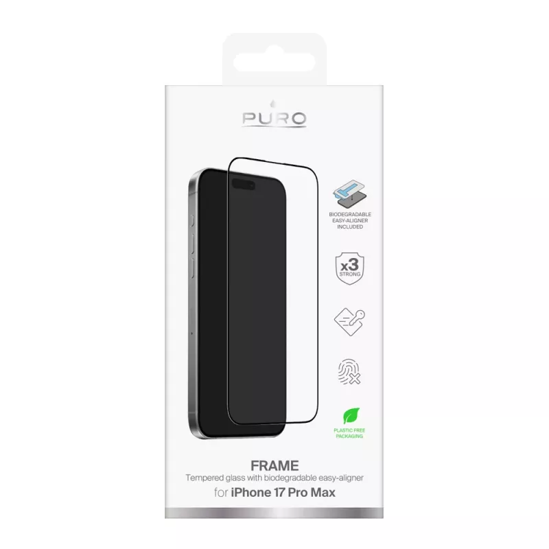 PURO Frame grūdintas stiklas iPhone 17 Pro Max su aplikatoriumi ir juodu rėmeliu
