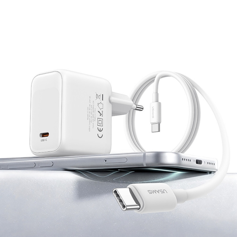 USAMS CC339 T76 45W GaN USB-C sieninis įkroviklis su SJ711 USB-C–USB-C kabeliu (1 m), baltas