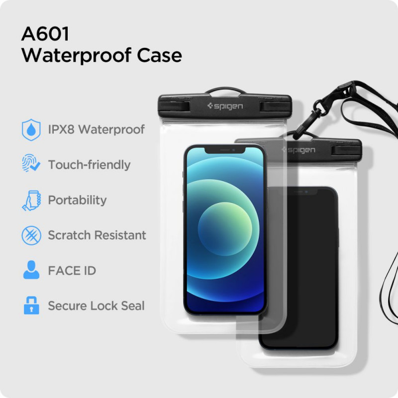 Spigen A601 universalus vandeniui atsparus dėklas (2 vnt.), Crystal Clear