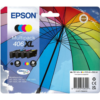 Epson 406XL Umbrella DURABrite Ultra daugiaspalvis 4 spalvų rašalo kasečių rinkinys, juoda, geltona, žydra, purpurinė (C13T17H64010)