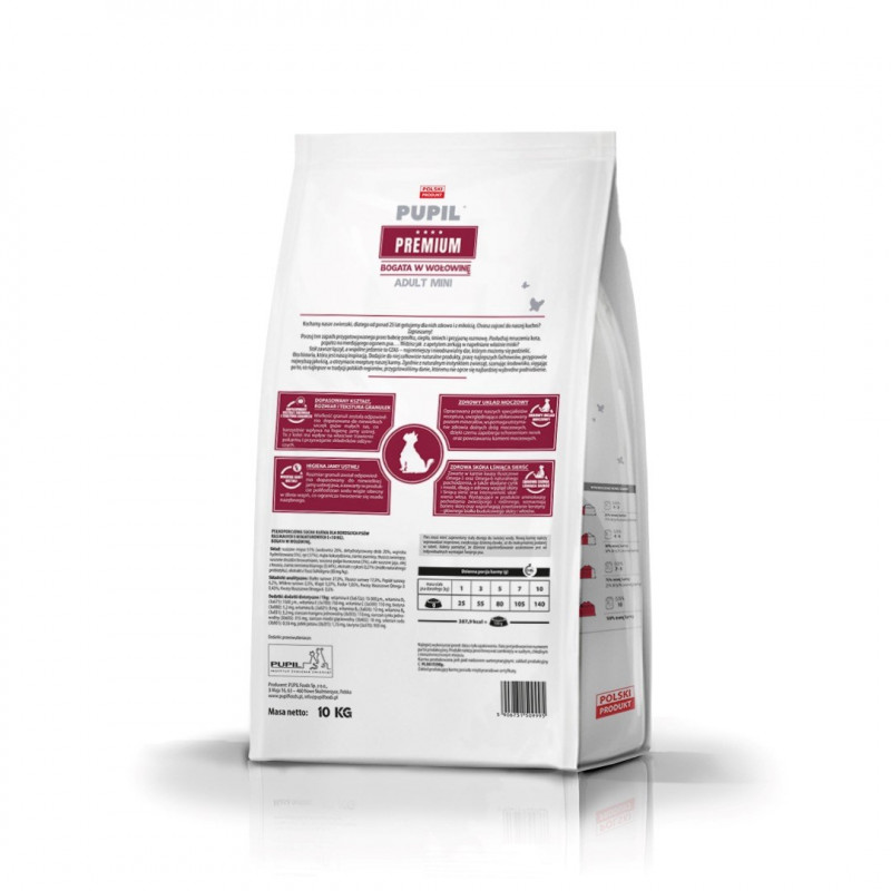 PUPIL Premium Mini Rich in Beef sausa šunų ėdalo su jautiena, 10 kg