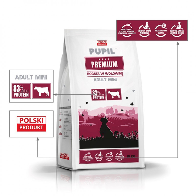 PUPIL Premium Mini Rich in Beef sausa šunų ėdalo su jautiena, 10 kg
