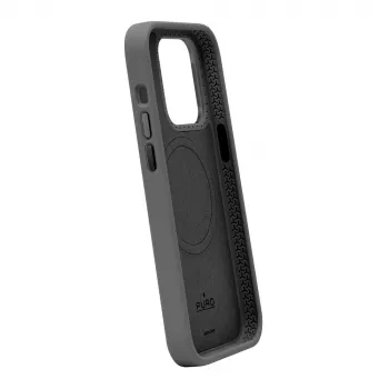 Puro Icon Mag Pro MagSafe silikoninis dėklas su metalinėmis mygtukais, skirtas Apple iPhone 15 Plus, juodas