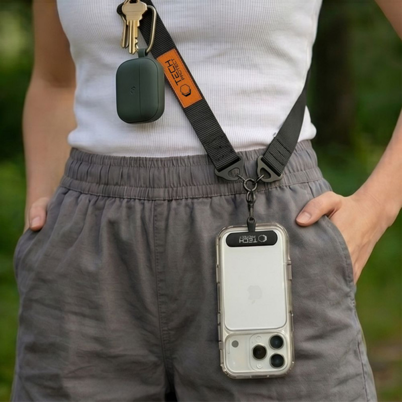 Tech-Protect C9S Rope Crossbody telefono dirželis, juodas/oranžinis