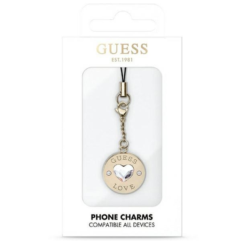 Guess GUCPMHGLD Heart Diamond Charm telefonų pakabukas su cirkoniais, auksinis