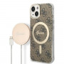 Guess GUBPP14MH4EACSW dėklas + belaidis įkroviklis Apple iPhone 14 Plus / iPhone 15 Plus, rudas hardcase, 4G Print, MagSafe