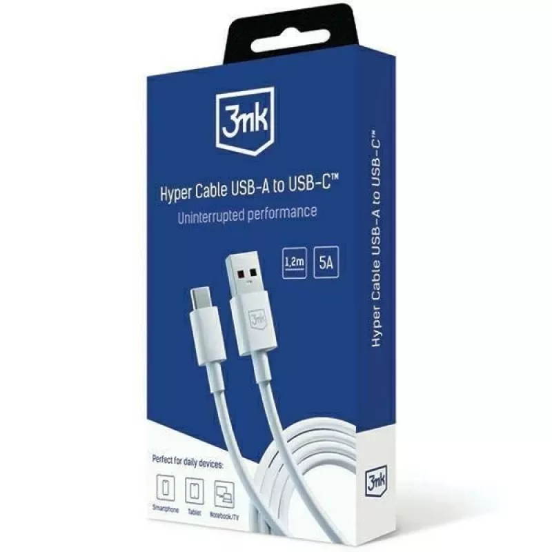 3MK Hyper Cable USB-A to USB-C 5A 60W 1,2m White