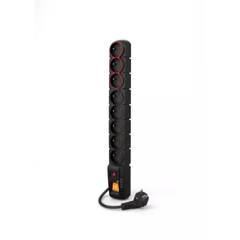ACAR-S8-DUAL POWER STRIP 8-ių lizdų įtampos apsaugos ilgintuvas su 2 apšviečiamais jungikliais, 1,5 m laidas, juodas