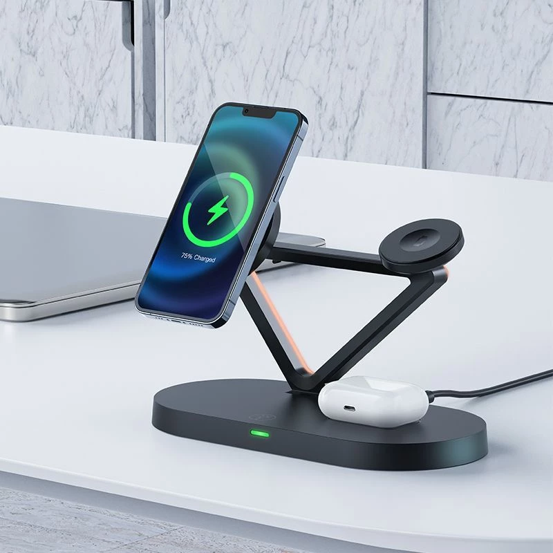 ACEFAST 15W Qi belaidis įkroviklis, skirtas iPhone su MagSafe, Apple Watch ir Apple AirPods, stovas su magnetiniu laikikliu, juodas