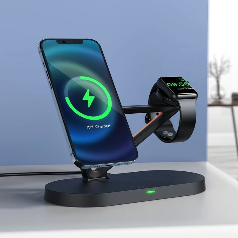 ACEFAST 15W Qi belaidis įkroviklis, skirtas iPhone su MagSafe, Apple Watch ir Apple AirPods, stovas su magnetiniu laikikliu, juodas