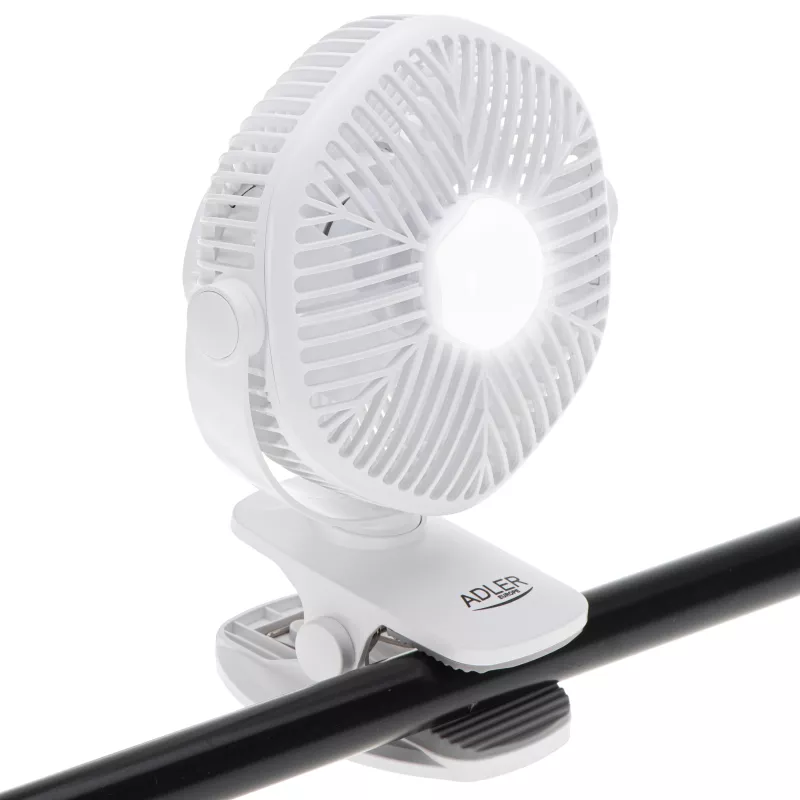 Įkraunamas stalviršinis ventiliatorius su segtuku Adler AD 7335, 6 W, 12,7 cm, 3 greičiai, osciliacija, baltas