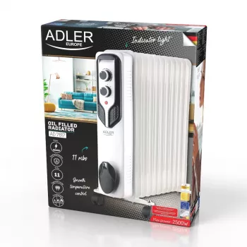 Adler AD 7817 alyvos radiatorius, 11 sekcijų, 2500W, 3 šildymo režimai, reguliuojamas termostatas, apsauga nuo perkaitimo ir apvirtimo, ratukai ir rankena, juoda