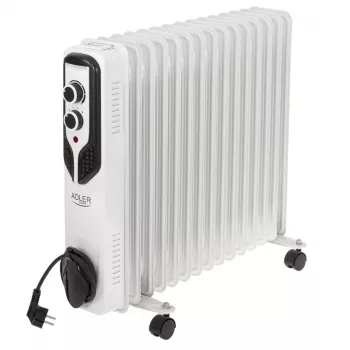 Adler AD 7819 alyvos radiatorius, 2000W, 9 sekcijų, 3 šildymo režimai, termostatas, apsauga nuo perkaitimo, ratukai, baltas/pilkas