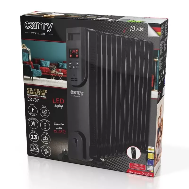 Camry CR 7814 aliejinis radiatorius su nuotolinio valdymo pulteliu, 2500 W, 13 briaunų, juodas