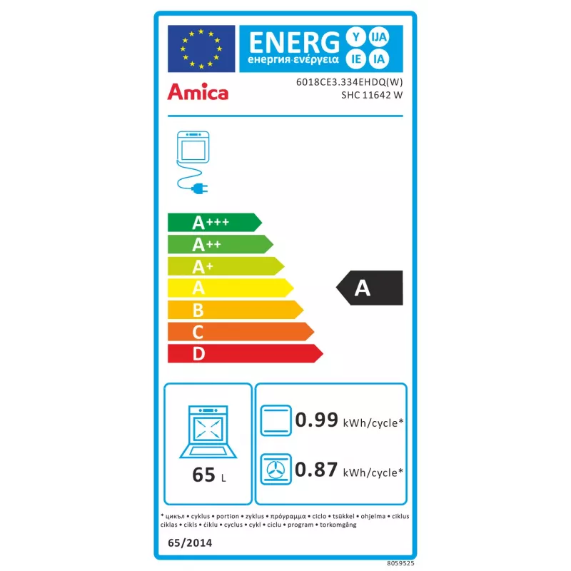 Amica SHC11642W laisvai pastatoma elektrinė viryklė su keramine kaitlente ir 65L orkaite, 9 kaitinimo funkcijos, energijos klasė A, balta