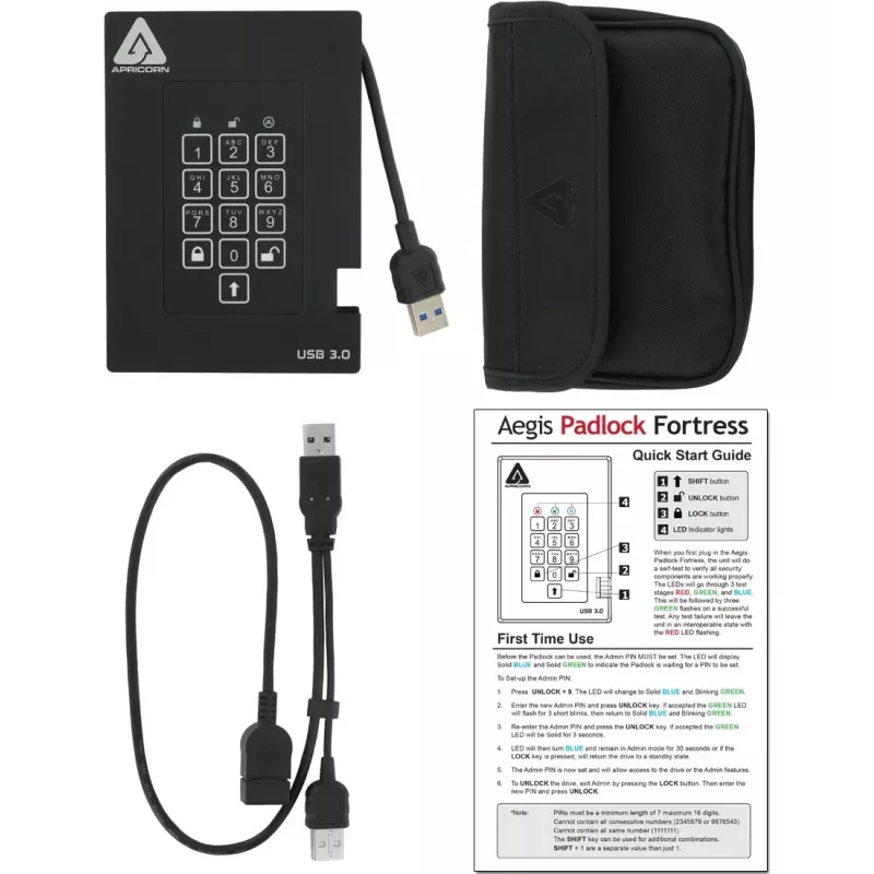 Išorinis kietasis diskas Apricorn Aegis Padlock Fortress A25-3PL256-500F, 500GB, USB 3.2 Gen 1, AES 256 bitų aparatinė šifracija, juodos spalvos | Kur.lt