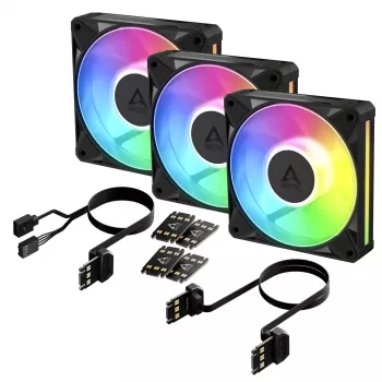 Arctic BioniX P12 A-RGB 120mm PWM ventiliatoriaus rinkinys (3 vnt.) – Adresuojamas RGB, 450-3000 RPM, 129 m³/h, juodos spalvos | Kur.lt