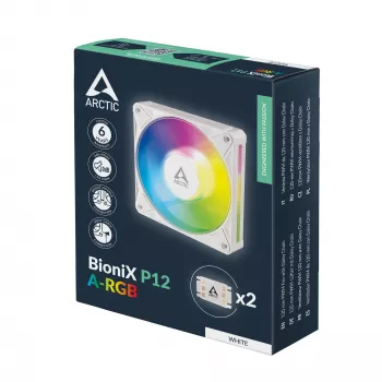 Arctic BioniX P12 A-RGB White 120mm PWM korpuso ventiliatorius, 450–3000 RPM, adresuojamas RGB, daisy chain