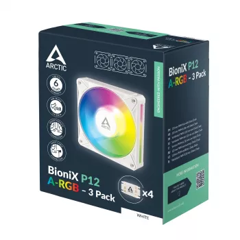 Arctic BioniX P12 A-RGB White 3-Pack – 120 mm PWM korpuso ventiliatorius su adresuojamu RGB ir nuoseklia jungtimi, 450–3000 RPM