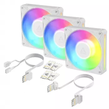 Arctic BioniX P12 A-RGB White 3-Pack – 120 mm PWM korpuso ventiliatorius su adresuojamu RGB ir nuoseklia jungtimi, 450–3000 RPM