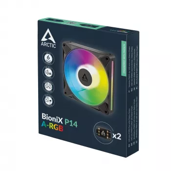 Arctic BioniX P14 A-RGB 140 mm PWM korpuso ventiliatorius su Daisy Chain, 400–2500 RPM, 186 m³/h, juodas