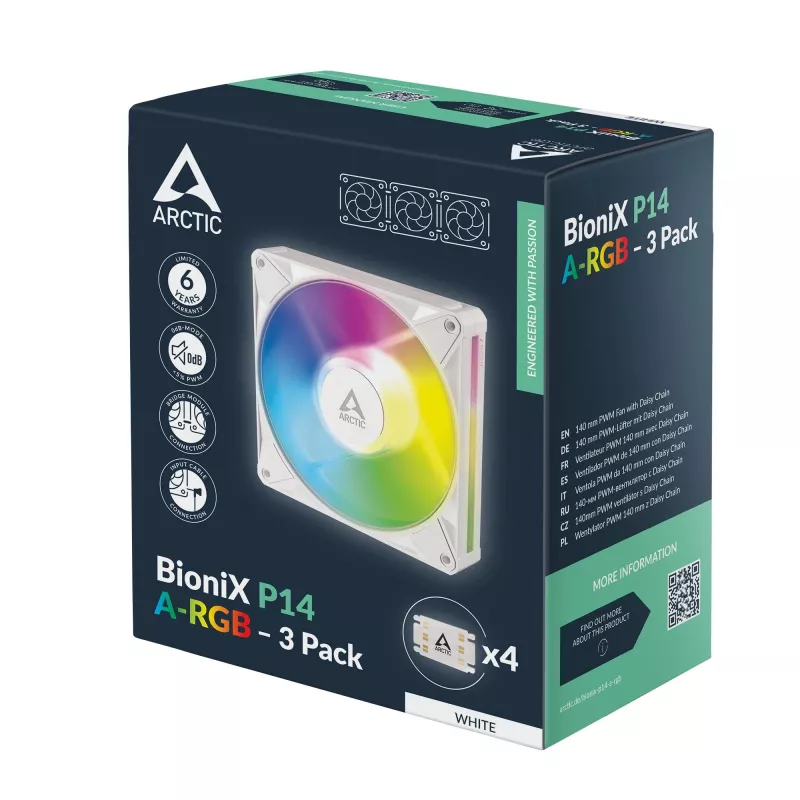 Arctic BioniX P14 A-RGB (White) 3-Pack | 140 mm PWM ventiliatorius su A-RGB apšvietimu, 400–2500 RPM