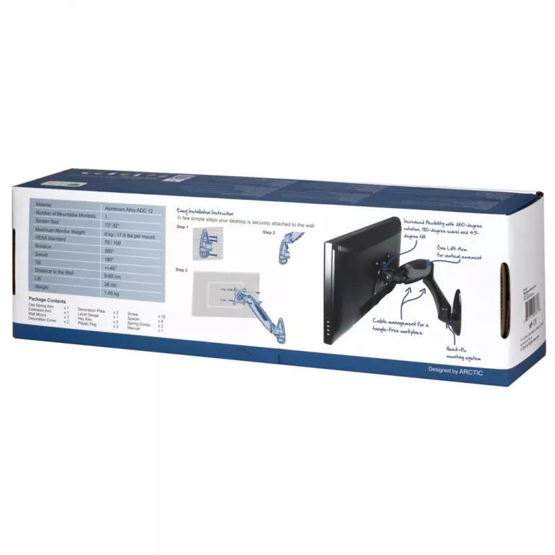 Arctic W1-3D laikiklis LCD ekranui – aliuminio lydinys, ekrano dydis iki 109,2 / 124 cm