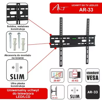 ART AR-33 fiksuotas TV laikiklis prie sienos 26–60 colių televizoriams, 45 kg, VESA 400x400, plonas 24 mm profilis, juodos spalvos