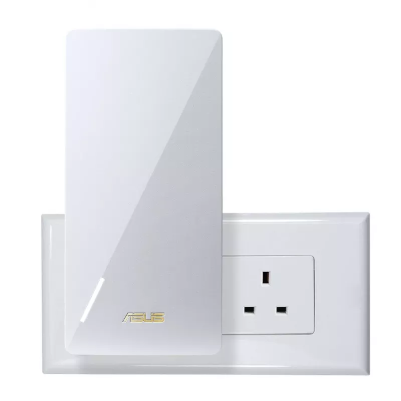 ASUS RP-BE58 dviejų juostų „Wi-Fi 7“ diapazono plėtiklis, BE3456, 2,4 GHz 574Mbps + 5GHz 2882Mbps, 1x Gigabit prievadas, AiMesh, WPA3, baltas, UK kištukas