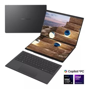 ASUS Zenbook Duo UX8407AA-SN066W 14 inch OLED Touchscreen 3K 144Hz nešiojamas kompiuteris, Intel Core Ultra 9 388H, 32GB LPDDR5X, 2TB SSD, Intel Arc Graphics, Windows 11 Home, Moher Gray
