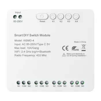 AVATTO WSMD-4 250V išmanusis jungiklio modulis 1 grupės, be nulinio laido, WiFi 2.4GHz, Tuya Smart, Alexa ir Google Home suderinamas, 10A/2200W