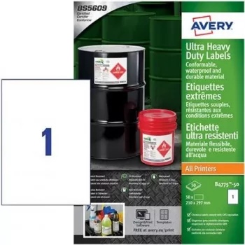 Avery Zweckform B4775-50 A4 baltos polietileno plėvelės etiketės, nuolatiniai klijai, lazeriniams spausdintuvams ir kopijavimo aparatams, 50 lapų, 210 x 297 mm
