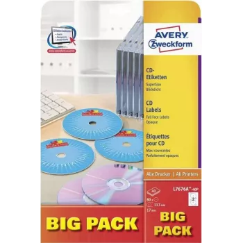 Avery Zweckform L7676A-40P CD/DVD etiketės, Ø 117 mm, baltos, 40 lapų / 80 etikečių, A4, rašaliniams ir lazeriniams spausdintuvams