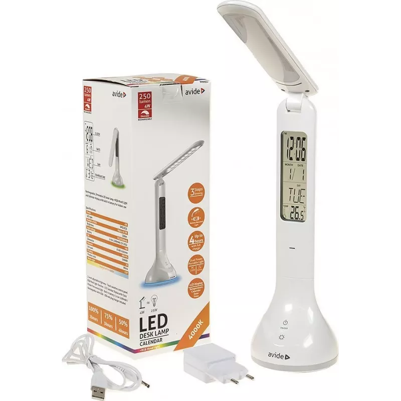 Avide LED stalinė lempa su RGB apšvietimu ir kalendoriumi, balta, 4W, 250lm
