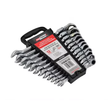 AWTOOLS 12 vienetų kombinuotų reketinių veržliarakčių rinkinys, dvipusis, lanksti galvutė, 8-19 mm, chromo vanadžio plienas, poliruotas chromas, 72 dantys, su plastikiniu dėklu
