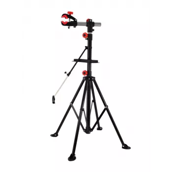 AWTOOLS 30kg Dviračio remonto stovas su 360° besisukančiu spaustuku, sulankstomu trikoju, įrankių padėklu, reguliuojamo aukščio 107-190cm, juodas/raudonas