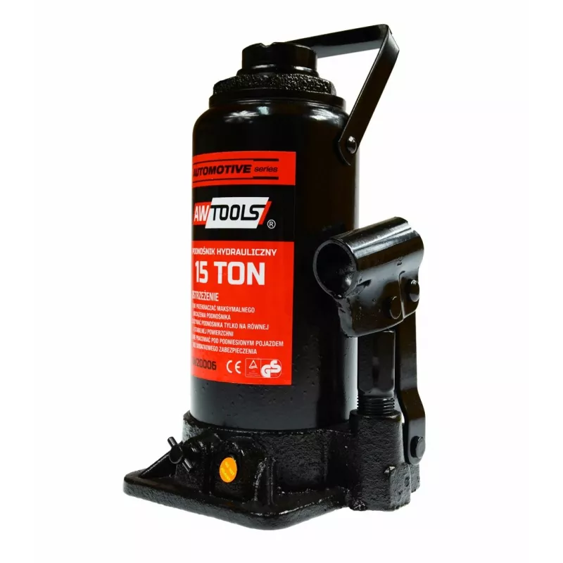 AWTOOLS Hidraulinis butelinis domkratas 15 tonų, 227-432 mm kėlimo diapazonas, tvirto plieno, CE sertifikuotas