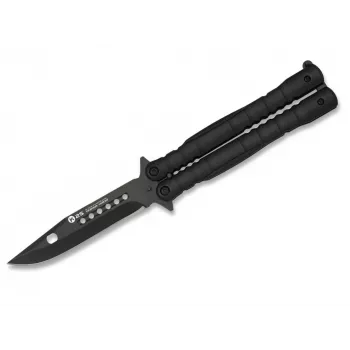 Balisong drugelio peilis K25 02131 juodas, 440 nerūdijančio plieno clip point ašmenys, aliuminio rankena