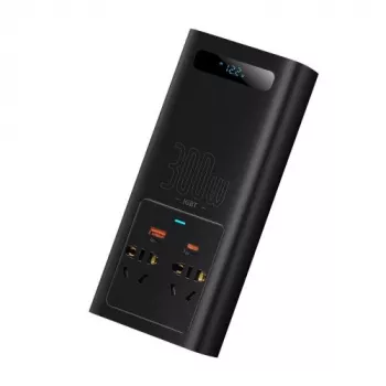 Baseus automobilinis keitiklis IGBT 300W/220V su dviem EU lizdais, USB-C PD, USB-A QC, akumuliatoriaus spaustukais ir cigarečių degiklio laidais, juodas (CGNB010101)