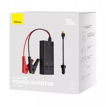 Baseus automobilinis keitiklis IGBT 300W/220V su dviem EU lizdais, USB-C PD, USB-A QC, akumuliatoriaus spaustukais ir cigarečių degiklio laidais, juodas (CGNB010101)