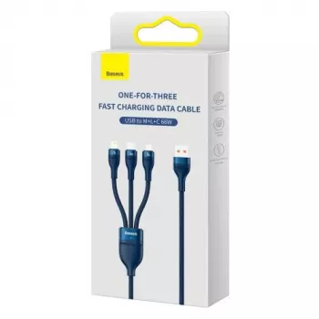 Baseus Universal Cable Flash Series II 3-in-1 Fast Charging Data Cable (USB-A to Micro + Lightning + Type-C) 66W, 480mbps, 1,2m, Blue (CASS040003)