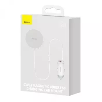 Baseus belaidis automobilinis įkroviklis su MagSafe 15W laikikliu ventiliacijos angai + USB Type C 25W baltas