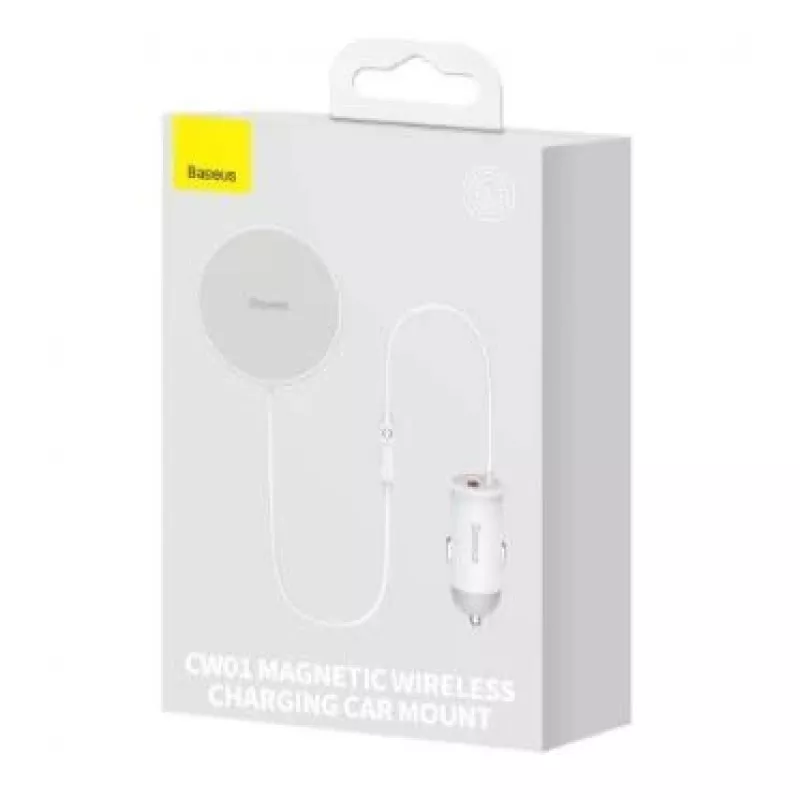 Baseus belaidis automobilinis įkroviklis su MagSafe 15W laikikliu ventiliacijos angai + USB Type C 25W baltas