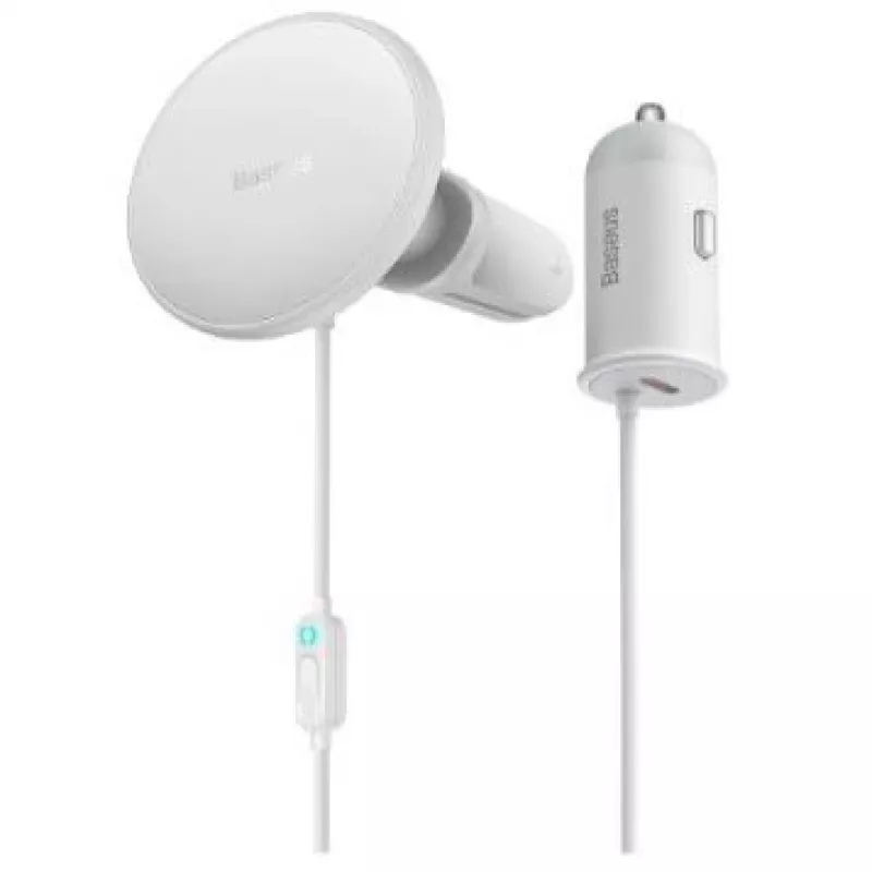 Baseus belaidis automobilinis įkroviklis su MagSafe 15W laikikliu ventiliacijos angai + USB Type C 25W baltas