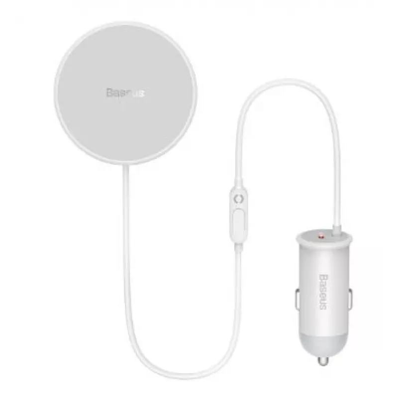 Baseus belaidis automobilinis įkroviklis su MagSafe 15W laikikliu ventiliacijos angai + USB Type C 25W baltas