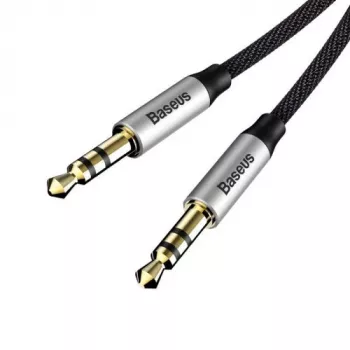 Baseus Yiven M30 3,5 mm garso kabelis (vyriškas–vyriškas) – 1 m, nailono pynė, auksu dengti kontaktai, juoda/sidabrinė